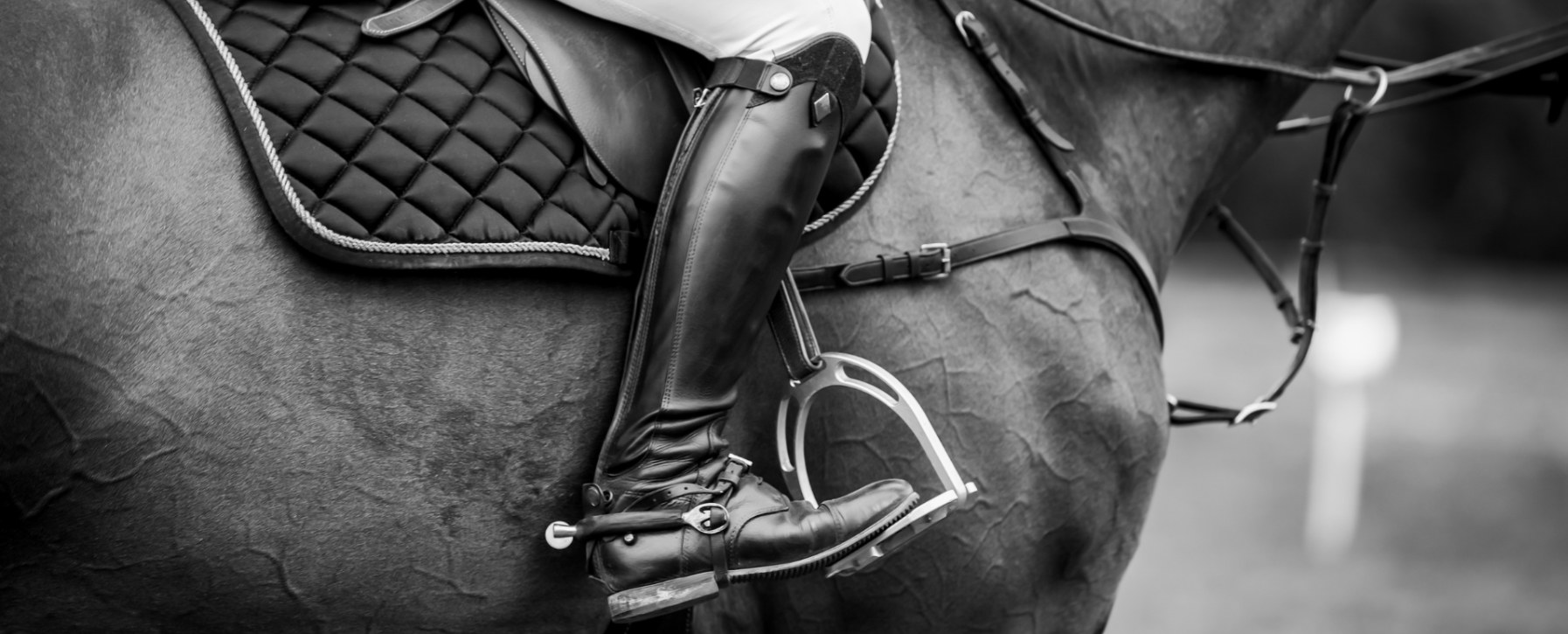 Close view of a rider's boot in the stirrup beside the horse's saddle